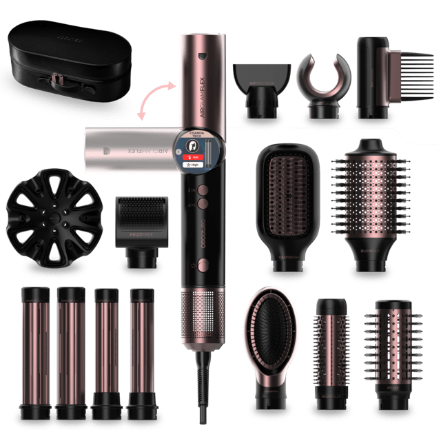AirGlam 14in1 Flex Black Cepillo moldeador AirGlam 14in1 Flex Champagne, con 14 accesorios, función flex, pantalla digital y estuche de cuero
