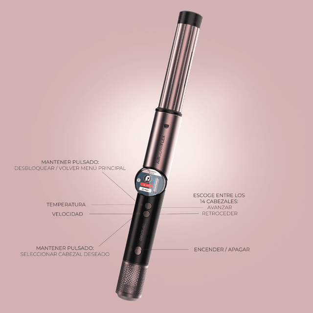 AirGlam 14in1 Flex Black Cepillo moldeador, con 14 accesorios, función flex, pantalla digital y estuche de cuero