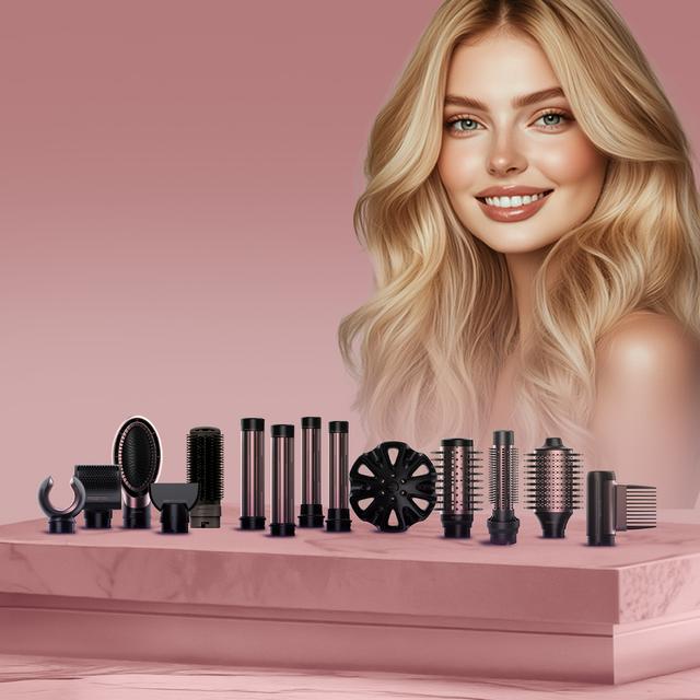 AirGlam 14in1 Flex Black Cepillo moldeador AirGlam 14in1 Flex Champagne, con 14 accesorios, función flex, pantalla digital y estuche de cuero