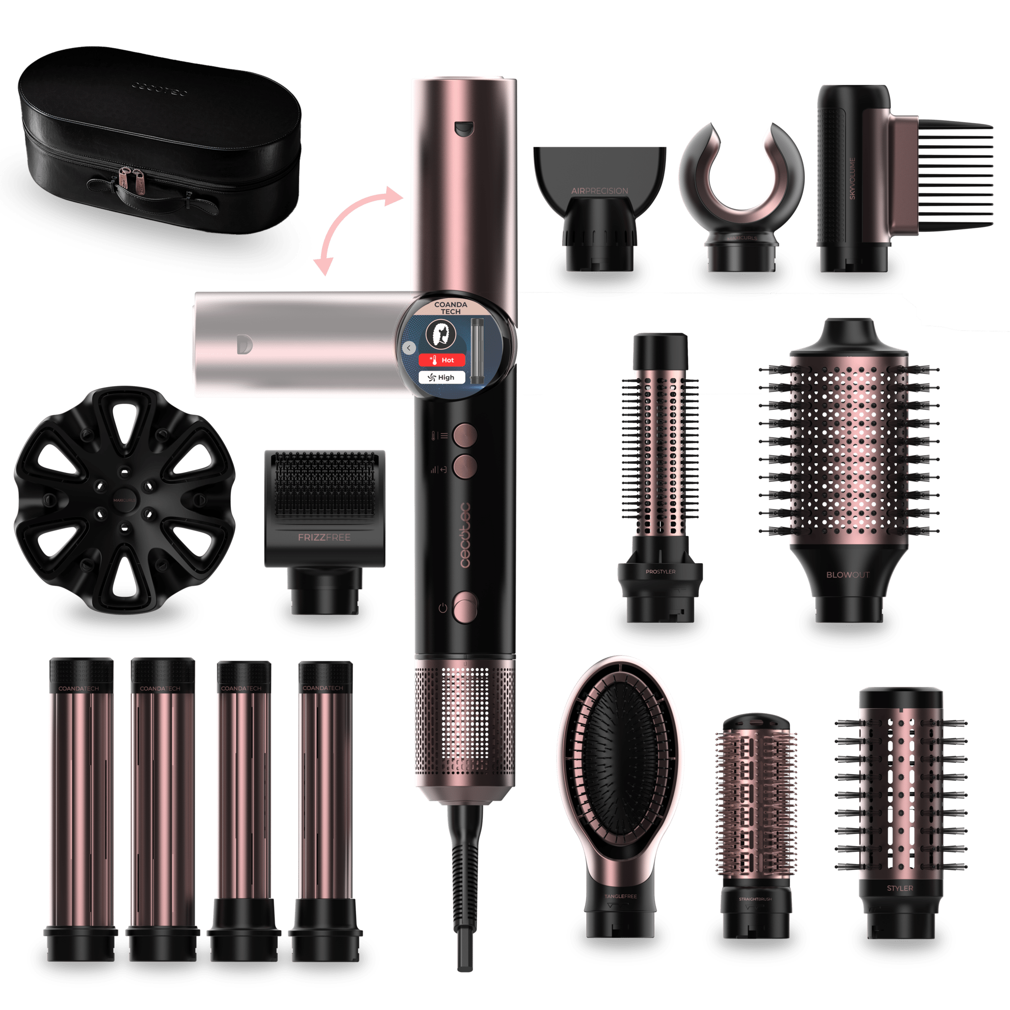 AirGlisse 14in1 Flex Black Brosse soufflante, avec 14 accessoires, fonction Flex, écran numérique et étui en cuir