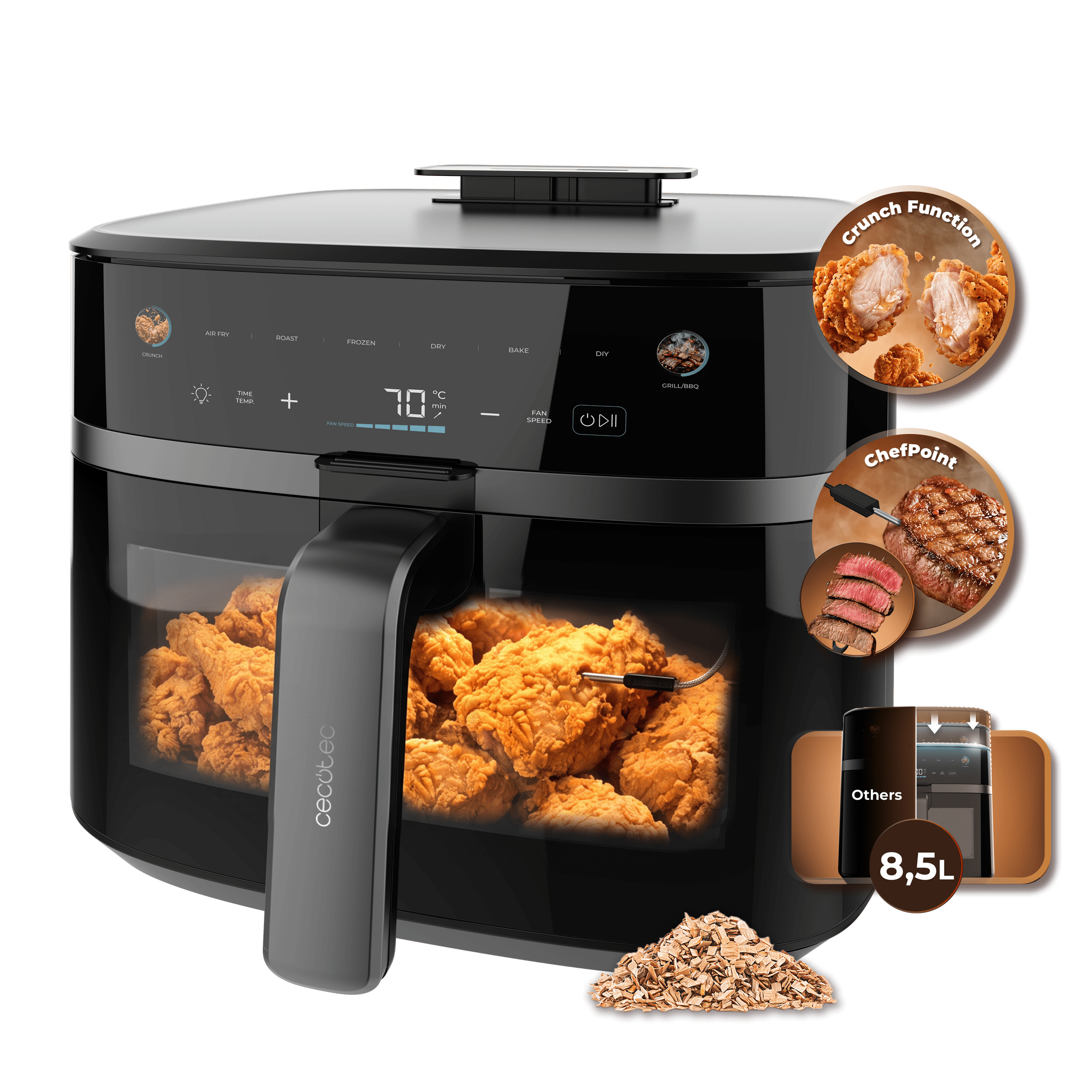 Cecofry&Crunch 8000 Motore BLDC da 8 litri e 1800 W con doppio elemento riscaldante. Temperatura e timer regolabili. Display a colori e finestra di visualizzazione.