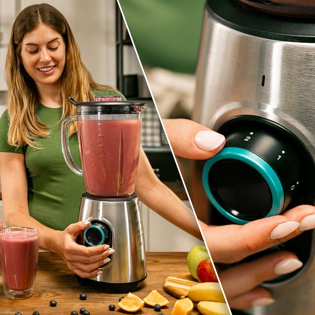 Power Black Titanium 2300MAX Inox Frullatore da tavolo con potenza massima di 2300 W e rifiniture in acciaio inossidabile, lame con rivestimento in titanio nero e 1,8 l di capacità. Include filtro per centrifugati senza polpa.