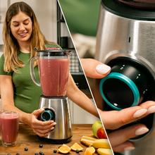 Power Black Titanium 2300MAX Inox Frullatore da tavolo con potenza massima di 2300 W e rifiniture in acciaio inossidabile, lame con rivestimento in titanio nero e 1,8 l di capacità. Include filtro per centrifugati senza polpa.