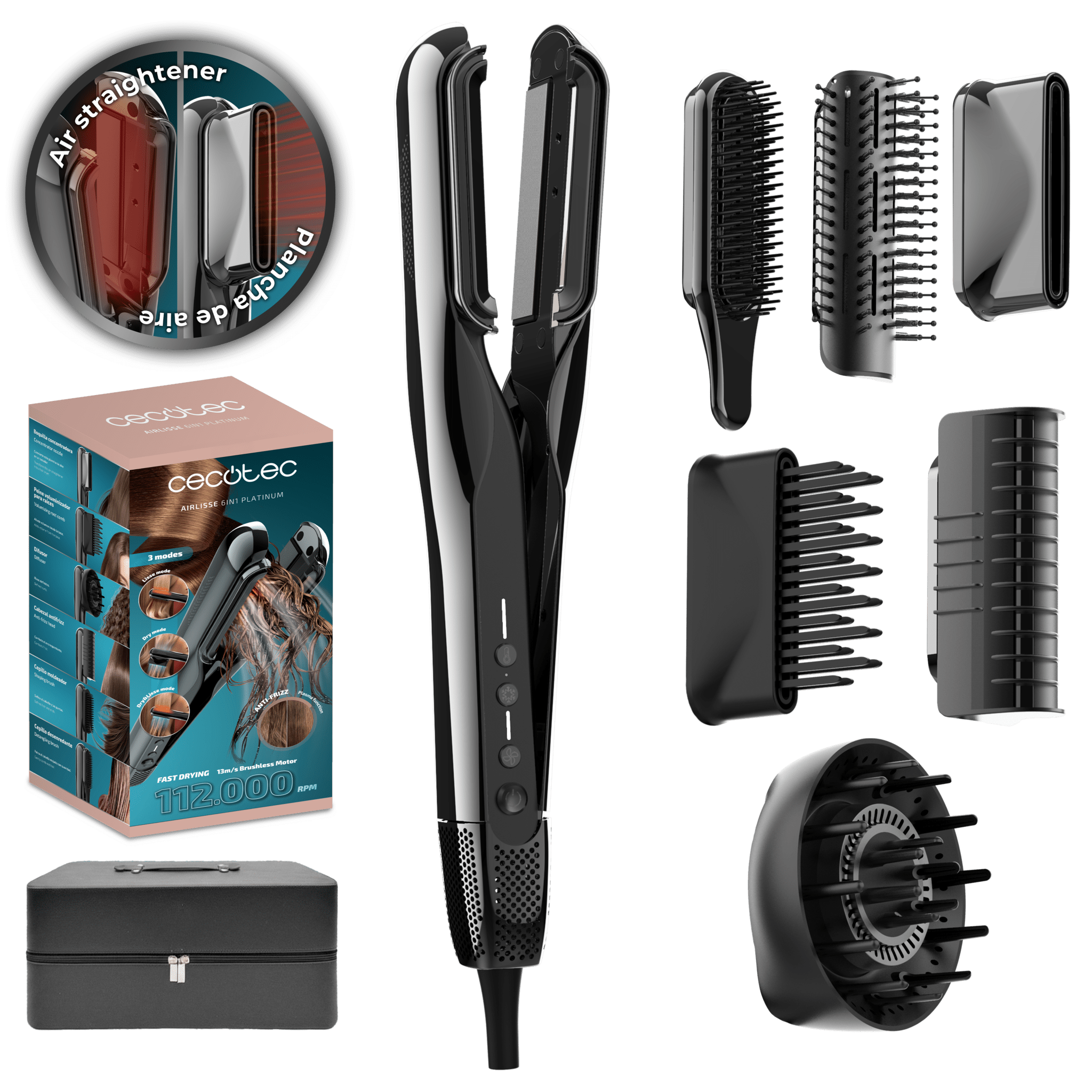 AirLisse 6in1 Platinum Piastra per capelli ad aria, flusso d'aria 13m/s, 112.000 giri/min, funzione plasma, motore Brushless, 6 accessori inclusi, spazzola convenzionale inclusa, custodia premium