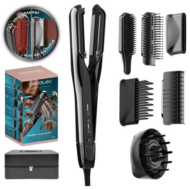 AirLisse 6in1 Premium: Plancha de Pelo con Aire, 13m/s de flujo de aire, 112.000 rpm, Función Plasma, Motor Brushless, Incluye 6 Accesorios, Cepillo convencional incluido, Estuche premium