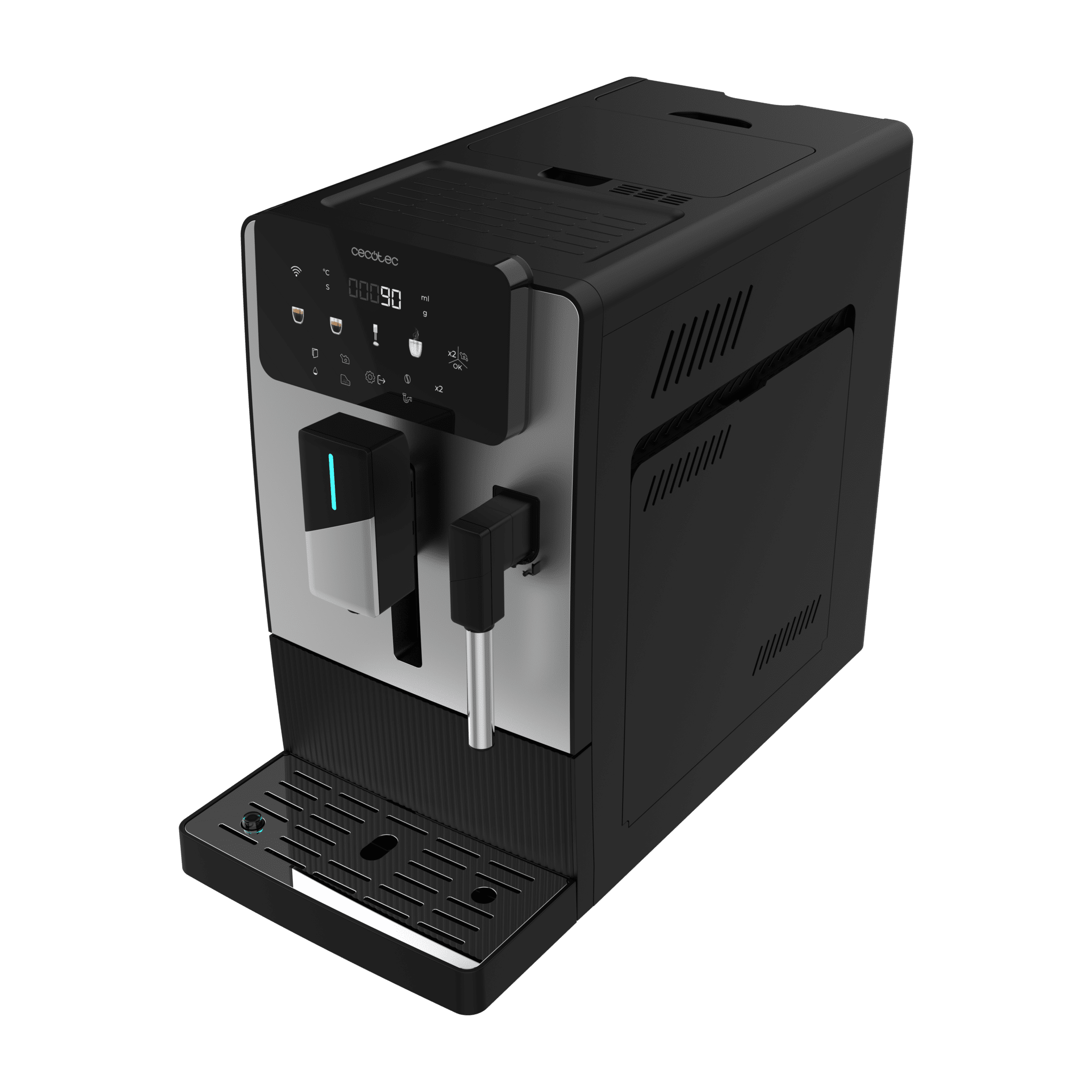 Vista lateral de la cafetera Cecotec Cremmaet Steam compacta con sistema Thermoblock