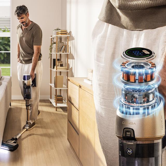 Conga Rockstar RX90 AI AquaPet Flex Aspirador escoba sin bolsa sin cables con Máxima potencia de succión de 350 AW y ultrapotencia de 850 W. 100 minutos de autonomía. Inteligencia Artificial. Cepillo HairLess antienredos. Tubo flexible y kit de accesorios completo.