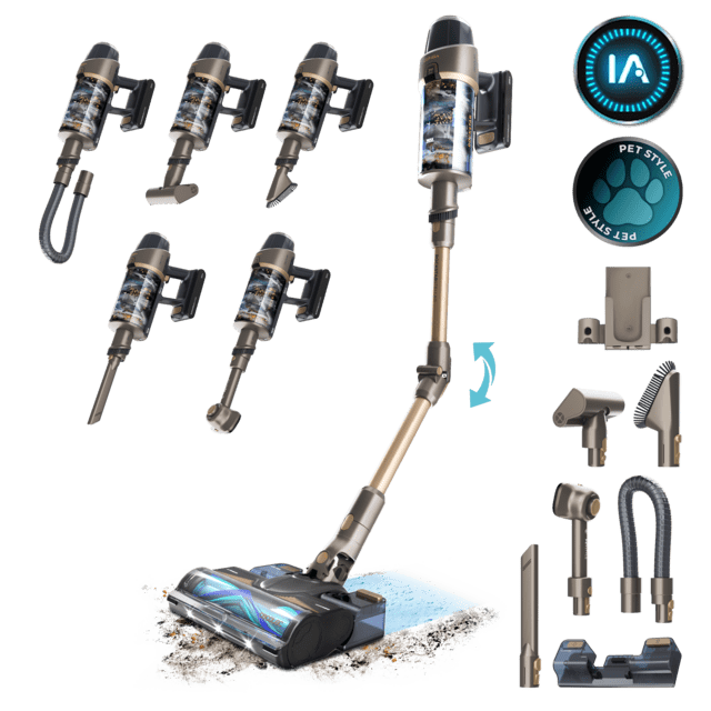 Conga Rockstar RX90 AI AquaPet Flex Aspirador escoba sin bolsa sin cables con Máxima potencia de succión de 350 AW y ultrapotencia de 850 W. 100 minutos de autonomía. Inteligencia Artificial. Cepillo HairLess antienredos. Tubo flexible y kit de accesorios completo.