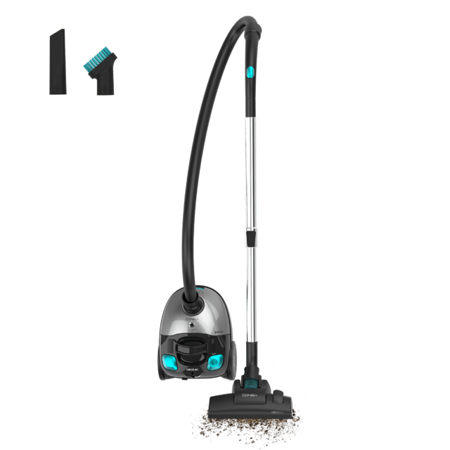Conga Powerbag 2000 Compact Plus Aspirador de trineo de 800 W de potencia. Con bolsa. Máxima capacidad de la bolsa de hasta 2 L con filtrado de alta eficiencia y tubo telescópico metálico. Incluye accesorios aptos para muebles y esquinas que permiten la limpieza de las zonas más complicadas.