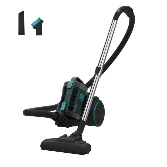 Conga Rockstar Cyclonic XL Aspirador de trineo sin bolsa de 890 W, con depósito de 2,5 litros y filtro de alta eficiencia para un aire más limpio. Cuenta con tubo telescópico metálico ajustable y accesorios especiales para muebles y esquinas, facilitando la limpieza en las zonas difíciles.