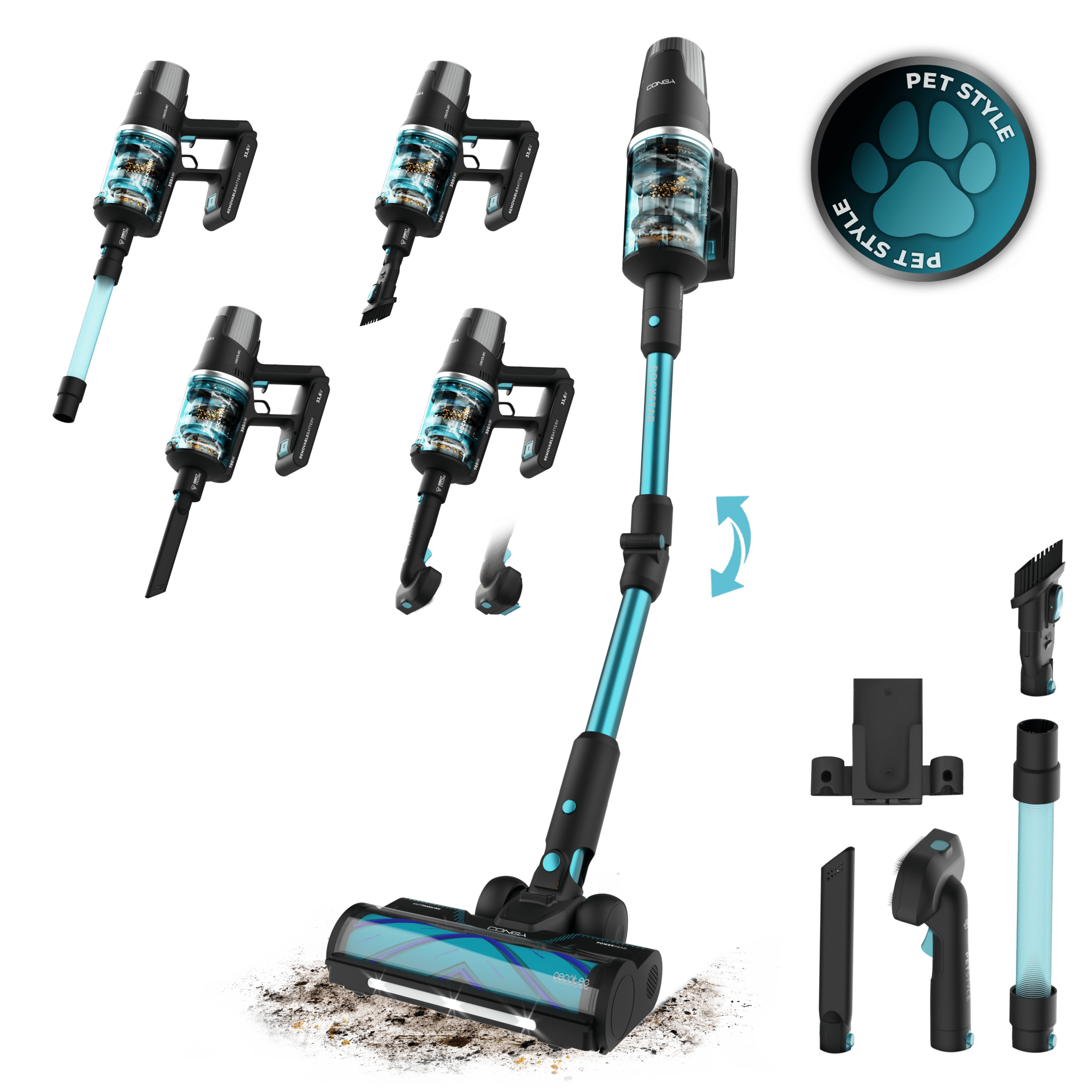 Conga Rockstar RX50 Pet Flex Aspirador vertical. Potência máxima de aspiração de 300 AW e ultra potência de 780 W. Autonomia de 90 minutos. Escova HairLess anti-emaranhados. Tubo flexível e kit completo de acessórios. Inclui uma escova para animais.