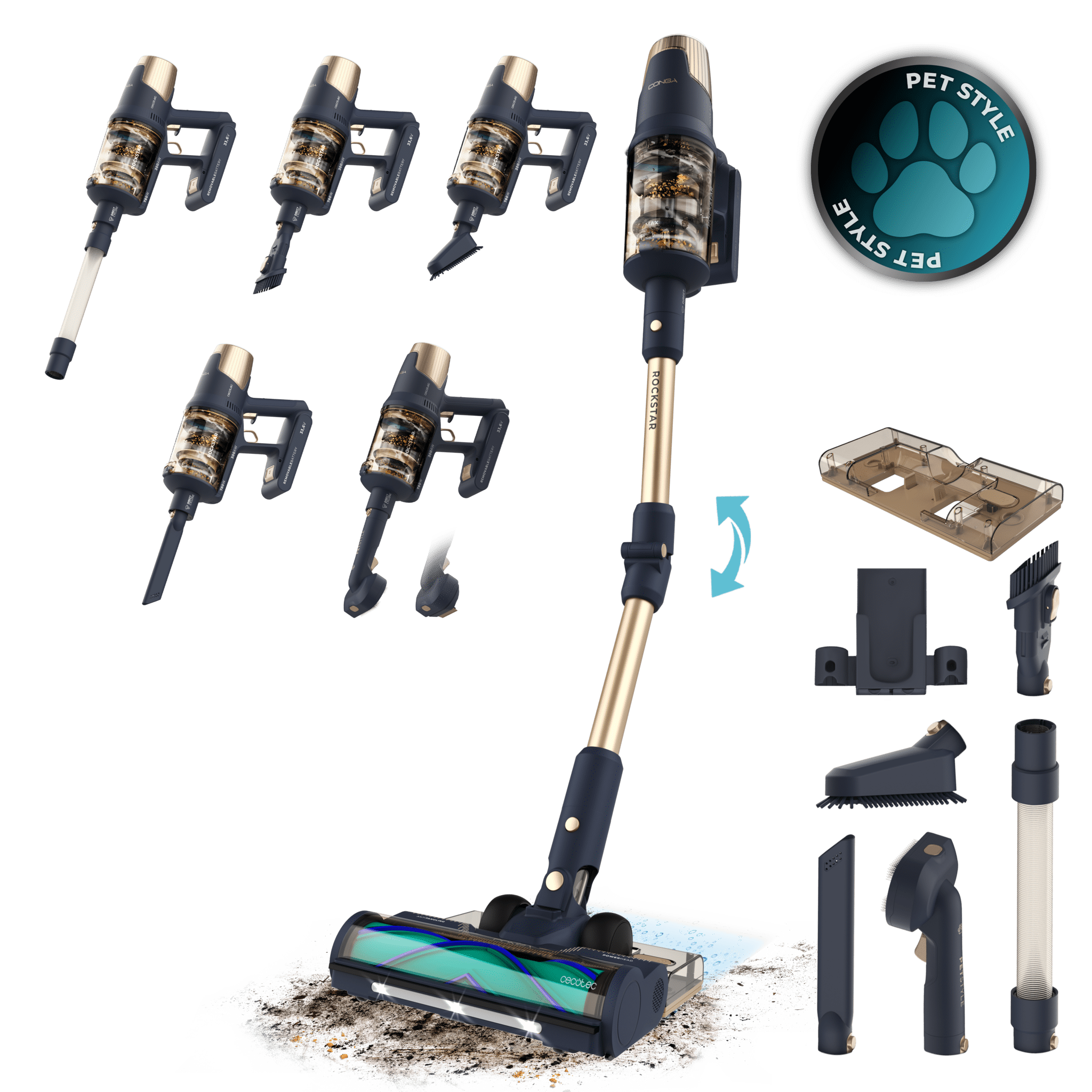 Conga Rockstar RX70 AquaPet Flex Aspirador vertical. Potência máxima de aspiração de 300 AW e ultra potência de 780 W. Autonomia de 100 minutos. Escova HairLess anti-emaranhados. Tubo flexível e kit completo de acessórios. Inclui escova para animais de estimação e acessório para esfregar.