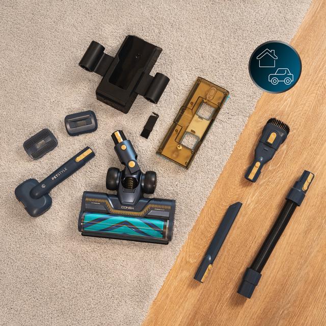 Conga Rockstar RX70 AquaPet Flex Zero aspirador escoba sin cables sin bolsa con máxima potencia de succión de 300 AW y ultrapotencia de 780 W. 100 minutos de autonomía. Cepillo HairLess antienredos. Tubo flexible y kit de accesorios completo. Incluye cepillo para animales y accesorio de fregado.