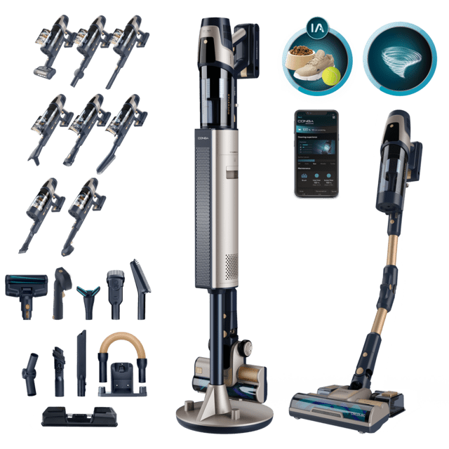 RZ90 AI AquaPet Flex Connected Aspirador escoba sin cables con base de autovaciado. 310 AW y 850 W. Tubo flexible. Inteligencia Artificial y contador de partículas. APP. Cepillo de animales y accesorio WaterTank de fregado.