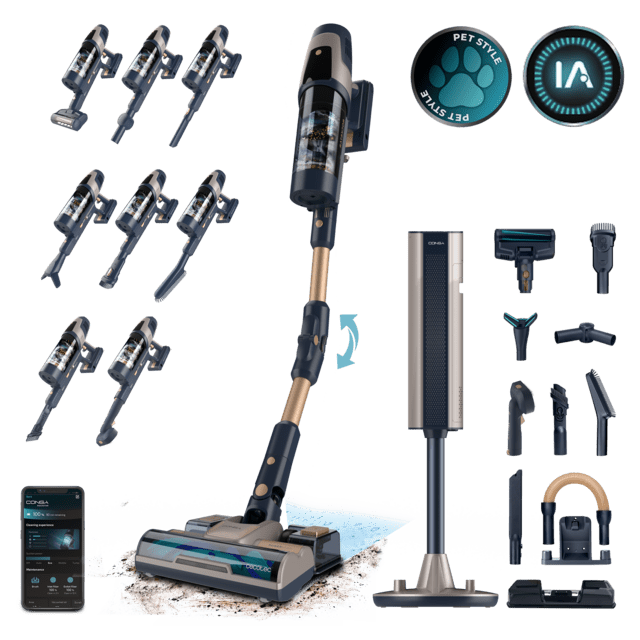 RZ90 AI AquaPet Flex Connected Aspirador escoba sin cables con base de autovaciado. 310 AW y 850 W. Tubo flexible. Inteligencia Artificial y contador de partículas. APP. Cepillo de animales y accesorio WaterTank de fregado.