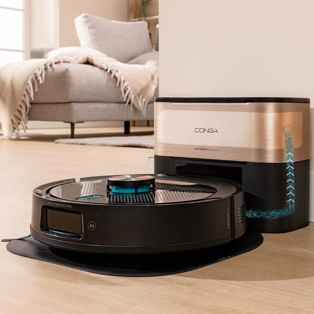 Conga Y100 Spin AI Robot aspirateur. Navigation laser. Pression d'aspiration de 20000 Pa. Brosse en silicone spécialement conçue pour les poils d’animaux. Base de vidange automatique avec sac à poussière.