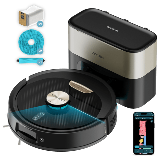 Conga Y100 Spin AI Robot aspirador con Navegación láser. 20000 Pa de presión de succión. - de autonomía. Cepillo de silicona especial para casas con mascotas. Base de autovaciado con bolsa de polvo.