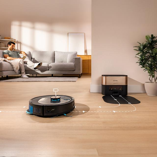 Conga Y100 Spin AI Robot aspirateur. Navigation laser. Pression d'aspiration de 20000 Pa. Brosse en silicone spécialement conçue pour les poils d’animaux. Base de vidange automatique avec sac à poussière.