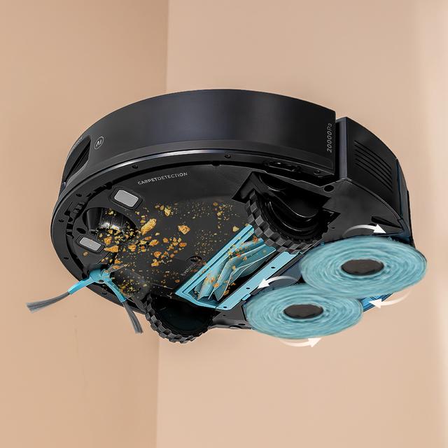 Conga Y100 Spin AI Robot aspirateur. Navigation laser. Pression d'aspiration de 20000 Pa. Brosse en silicone spécialement conçue pour les poils d’animaux. Base de vidange automatique avec sac à poussière.