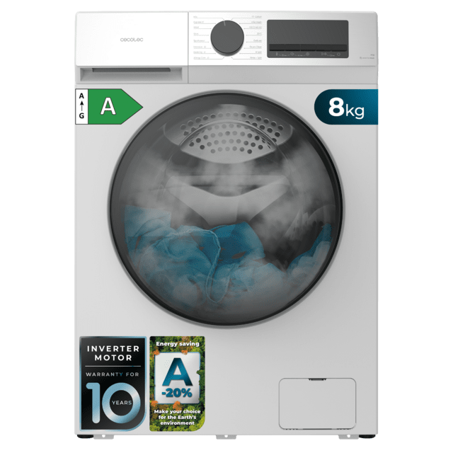 Bolero DressCode 8450 Inverter Lavadora blanca de 8 kg de capacidad y 1400 rpm, 16 programas, Clase A-20 %, motor Inverter Plus, elegante panel inox, SteamMax, Drum Clean, Allergy Care, Pearl Drum, Delay Start, Función Silence, Stop&Add y Kid Lock.