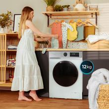 Bolero DressCode 12450 Inverter Lave-linge blanc d'une capacité de 12 kg, 1410 tr/min, 16 programmes, classe A-20 %, moteur Inverter Plus, élégant panneau en acier inoxydable, SteamMax, Drum Clean, Allergy Care, Pearl Drum, départ différé, fonction Silence, Stop&Go et Kid Lock.