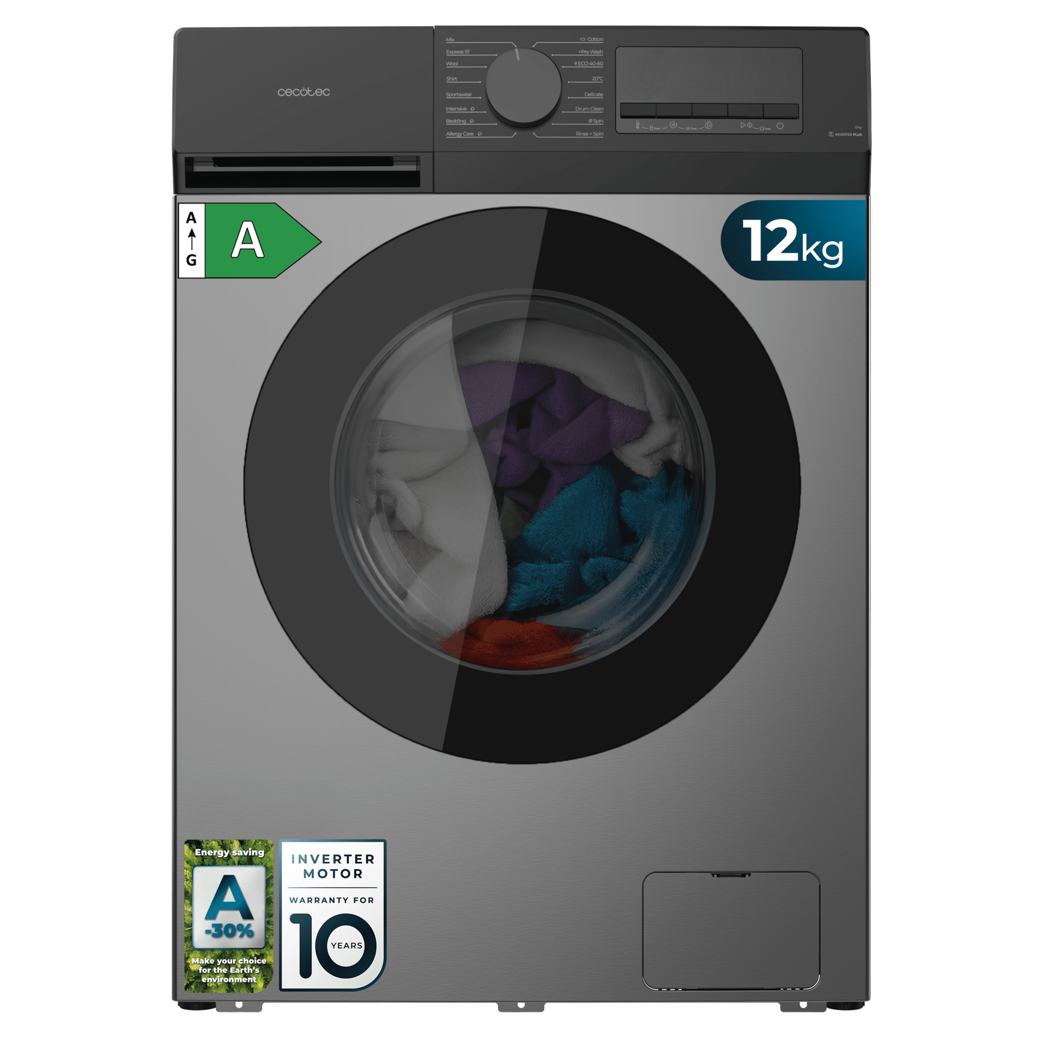 Bolero DressCode 12450 Inverter Steel Máquina de lavar roupa de 12 kg de capacidade e 1410 rpm, 16 programas, Classe A-20%, motor Inverter Plus, elegante painel inox, SteamMax, Drum Clean, Allergy Care, Pearl Drum, Delay Start, Função Silence, Stop&Go e Kid Lock.