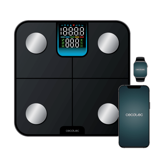 Surface Precision HealthySmart Balança inteligente com aplicativo, Bluetooth e 25 parâmetros, 28x28 cm, tela LCD, capacidade máxima de 180 kg.