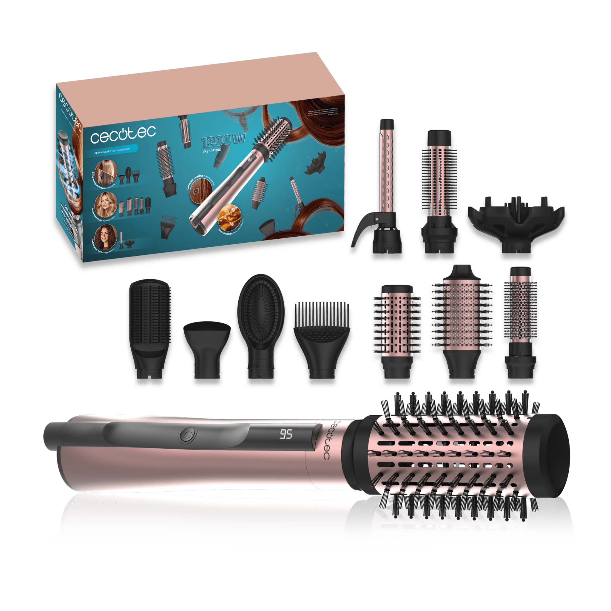 CeramicCare 10in1 AirBrush Warmluftbürste Haarstyler mit 10 Aufsätzen, Haartrockner, Glättbürste, Lockenbürste, Volumenbürste und Diffusor, Digitales Display, Ionen-Funktion, 1200 W, Keramikbeschichtung, Intelligente Temperaturkontrolle, 3 Heiz- und Geschwindigkeitsstufen