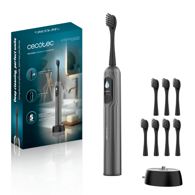 ToothCare UltraSonic PlatiniumSwing Spazzolino sonico con oscillazione, fino a 50.000 giri al minuto, 5 modalità, display, rapporto di pulizia, 8 testine, ricarica wireless e custodia.