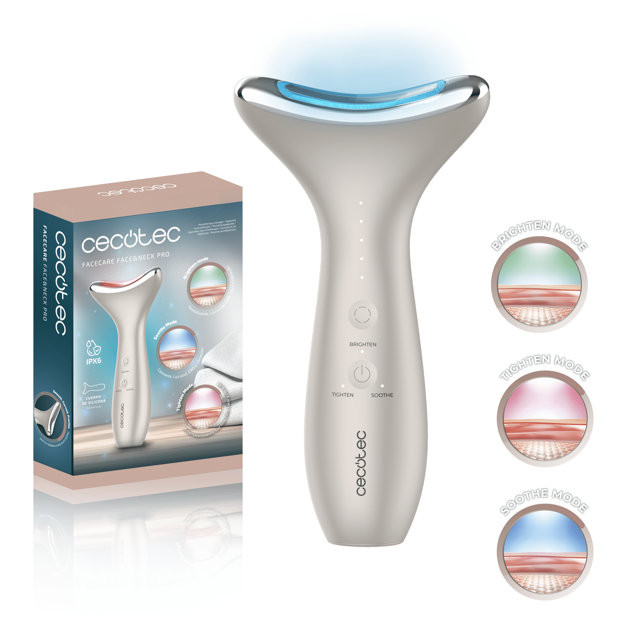 FaceCare Face&Neck Pro Lichttherapie-Gesichtsbürste l Gesicht und Hals l 3 Modi l Rotes, blaues und grünes LED-Licht l 5 EMS-Stufen l Vibration l Wärmefunktion