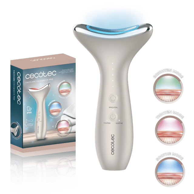 FaceCare Face&Neck Pro Lichttherapie-Gesichtsbürste l Gesicht und Hals l 3 Modi l Rotes, blaues und grünes LED-Licht l 5 EMS-Stufen l Vibration l Wärmefunktion