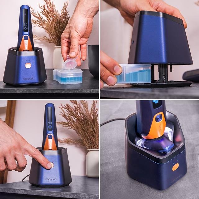 PrecisionCare Saphire Pro Rasoio rotante con base autopulente 3-5 minuti, Include liquido autopulente, Durata di 90 minuti, Lame in titanio