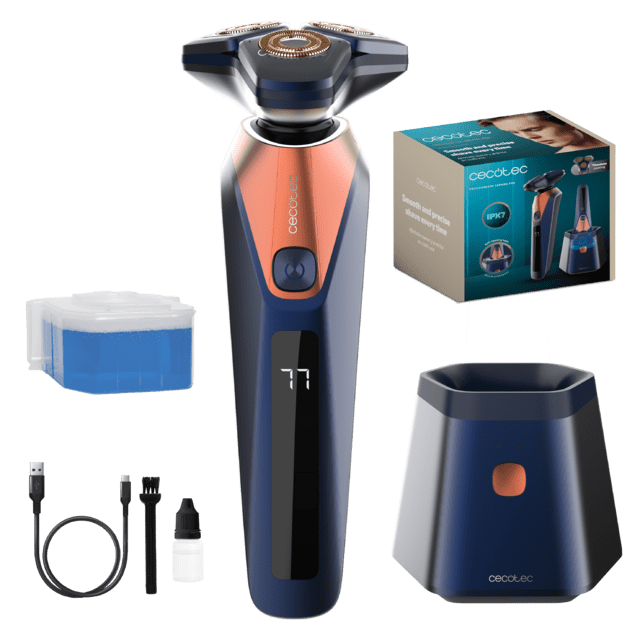 PrecisionCare Saphire Pro Rasoio rotante con base autopulente 3-5 minuti, Include liquido autopulente, Durata di 90 minuti, Lame in titanio