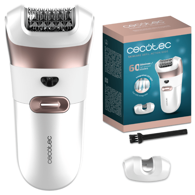 SkinCare Depil-Action 6000 Depiladora de arranque con 60 láminas, luz LED, Accesorio para zonas sensibles, 60 minutos de autonomía