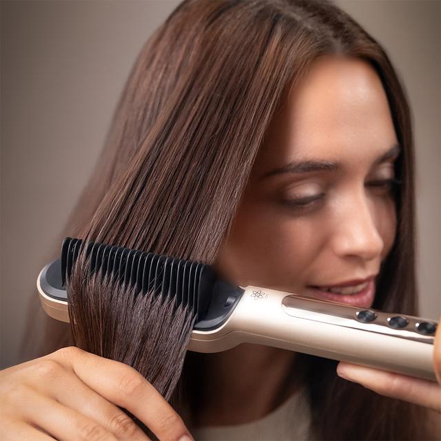 InstantCare Lisse IonTech Cepillo Alisador con Tecnología de Iones, 9 Ajustes de Temperatura (130ºC–210ºC), Revestimiento Cerámico, 23 Dientes, Calentamiento en 30s, Chips Inteligentes, Antiquemaduras, Incluye Guante y Clips