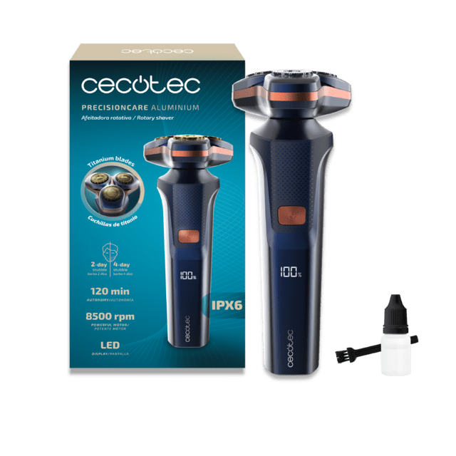 PrecisionCare Aluminum Afeitadora Rotativa con Tecnología de Cuchillas para Pelo Largo y Corto, Pantalla LED Inteligente, 2 Velocidades, 8500 RPM, 2h de Autonomía, Cabezal Magnético y Revestimiento de Titanio