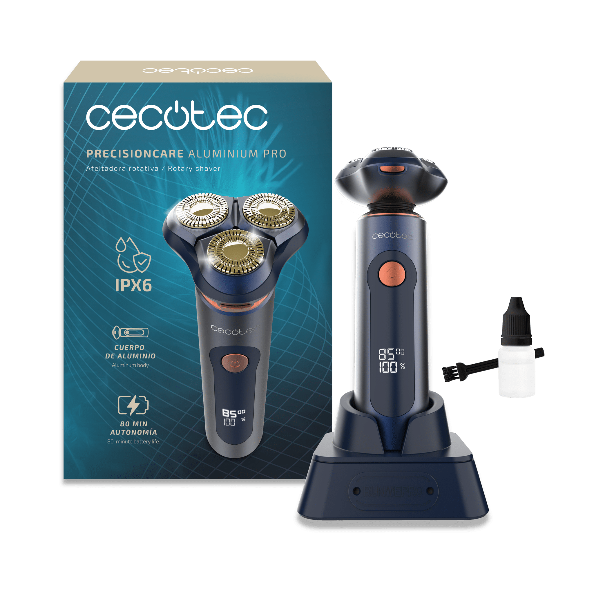 PrecisionCare Aluminium Pro Rotationsrasierer, 80 Min. Akkulaufzeit, Display, Titanklingen, Ladestation.