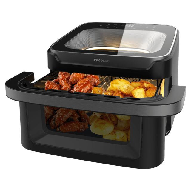 Cecofry Advance 10000 Full Vision Freidora de aire 10L y 2 ventanas de visualización. 2200 W de potencia, base para pizzas perfectas, cubeta divisible, asa fría y 12 menús para cocinar fácil y saludable.