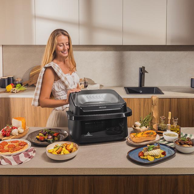 Cecofry Advance 10000 Full Vision Freidora de aire 10L y 2 ventanas de visualización. 2200 W de potencia, base para pizzas perfectas, cubeta divisible, asa fría y 12 menús para cocinar fácil y saludable.