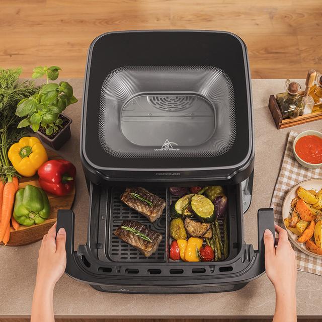 Cecofry Advance 10000 Full Vision Freidora de aire 10L y 2 ventanas de visualización. 2200 W de potencia, base para pizzas perfectas, cubeta divisible, asa fría y 12 menús para cocinar fácil y saludable.