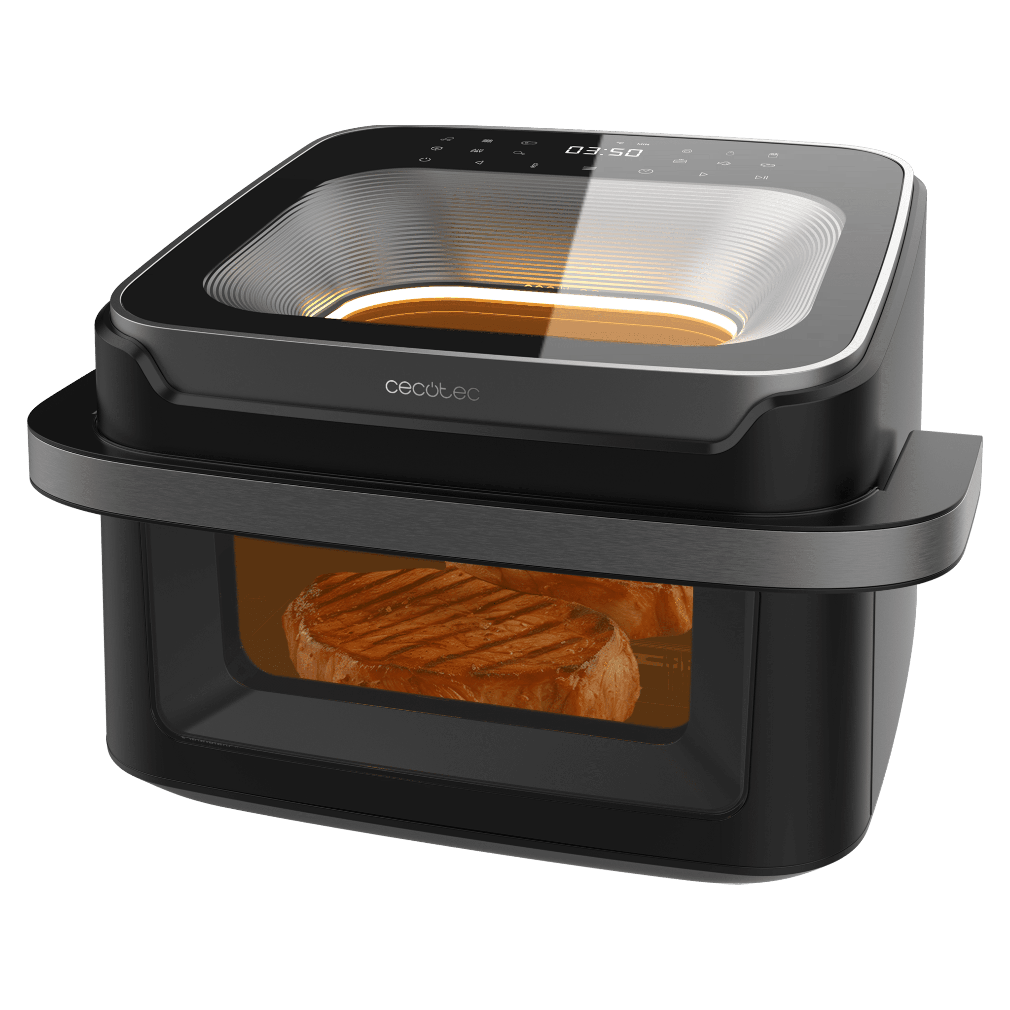 Cecofry Advance 10000 Full Vision Friggitrice ad aria da 10L e 2 finestre di visualizzazione. 2200 W di potenza, base per pizze perfette, cestello divisibile, maniglia fredda e 12 menu per cucinare in modo facile e sano.