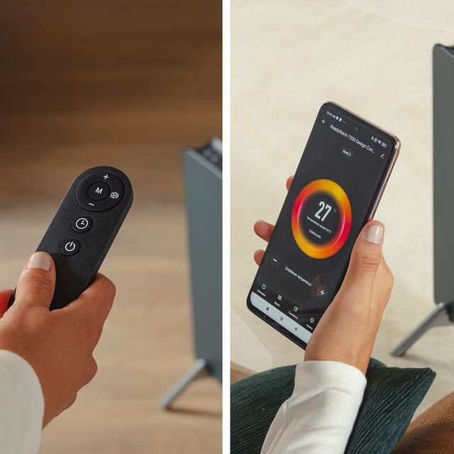 ReadyWarm 7200 Design Connected Convettore da 1800W con display touch screen, telecomando e APP. Adatto a parete o a pavimento, con un design moderno e innovativo