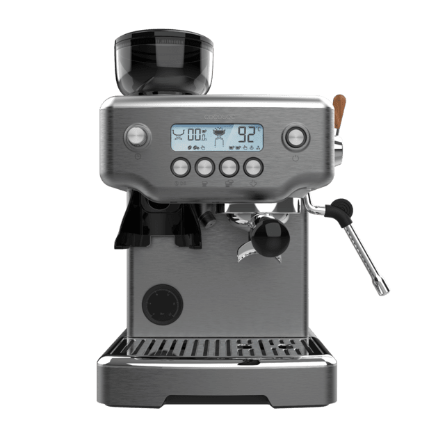 Power Espresso 20 Barista Steel & Grind Barista-Siebträgermaschine mit 20 Bar Pumpendruck, integriertem Kegelmahlwerk, Dampfrohr, Pre-Infusionssystem und einem dualen Thermoblock-Heizsystem.