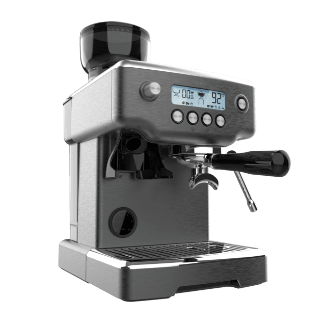 Power Espresso 20 Barista Steel & Grind Barista-Siebträgermaschine mit 20 Bar Pumpendruck, integriertem Kegelmahlwerk, Dampfrohr, Pre-Infusionssystem und einem dualen Thermoblock-Heizsystem.