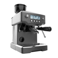 Power Espresso 20 Barista Steel & Grind Barista-Siebträgermaschine mit 20 Bar Pumpendruck, integriertem Kegelmahlwerk, Dampfrohr, Pre-Infusionssystem und einem dualen Thermoblock-Heizsystem.