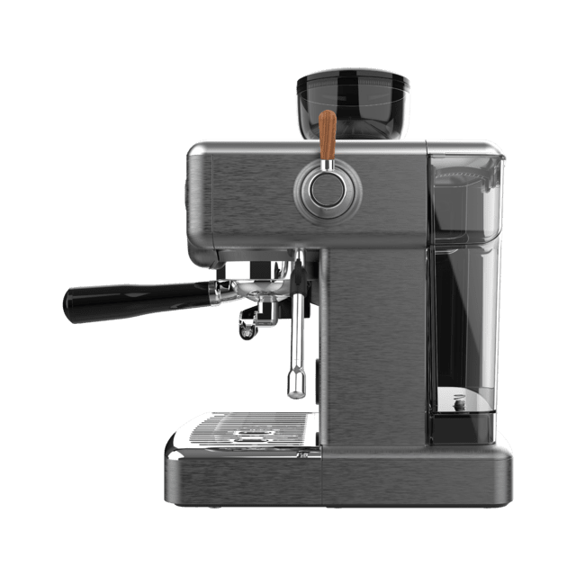 Power Espresso 20 Barista Steel & Grind Barista-Siebträgermaschine mit 20 Bar Pumpendruck, integriertem Kegelmahlwerk, Dampfrohr, Pre-Infusionssystem und einem dualen Thermoblock-Heizsystem.