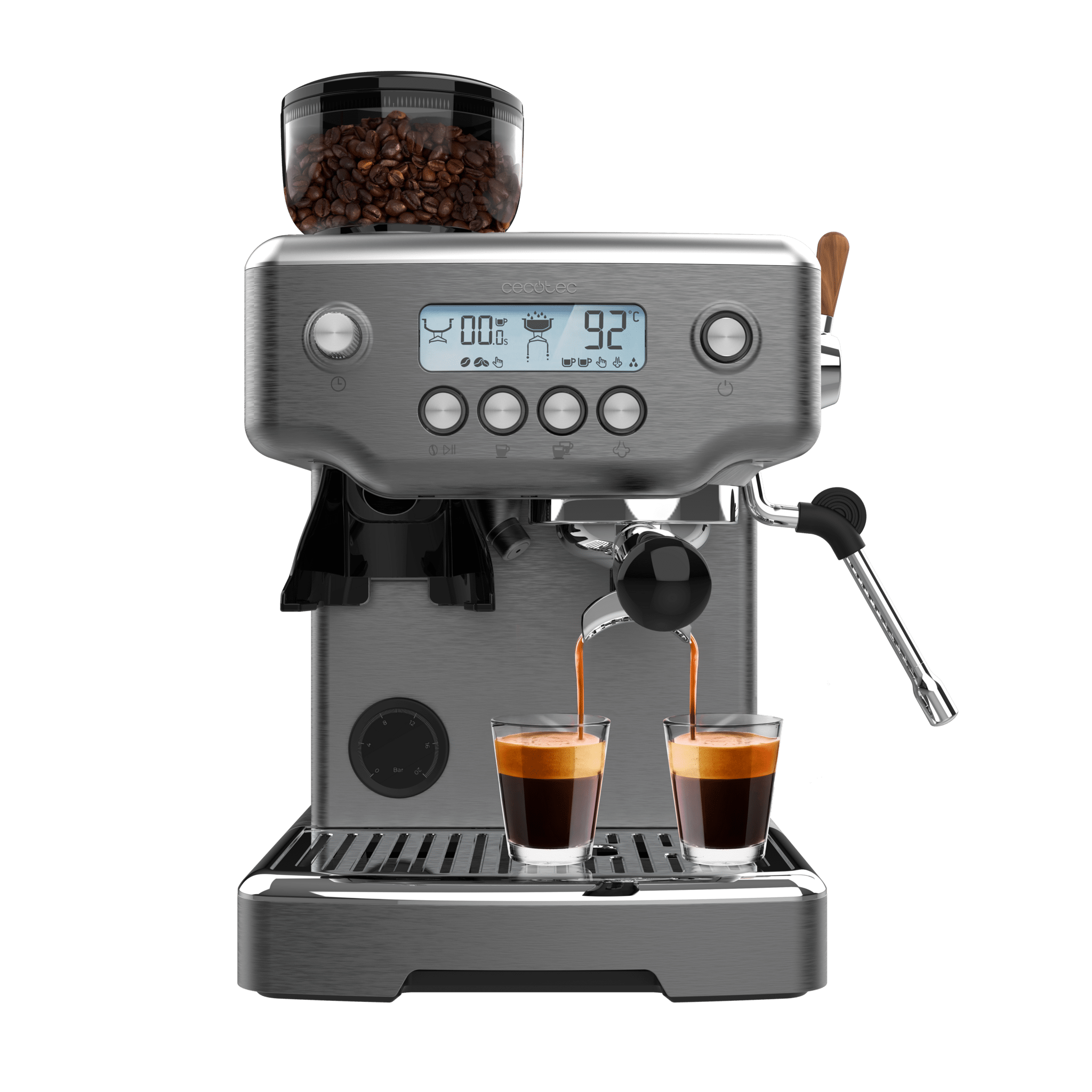 Power Espresso 20 Barista Steel & Grind Barista-Siebträgermaschine mit 20 Bar Pumpendruck, integriertem Kegelmahlwerk, Dampfrohr, Pre-Infusionssystem und einem dualen Thermoblock-Heizsystem.