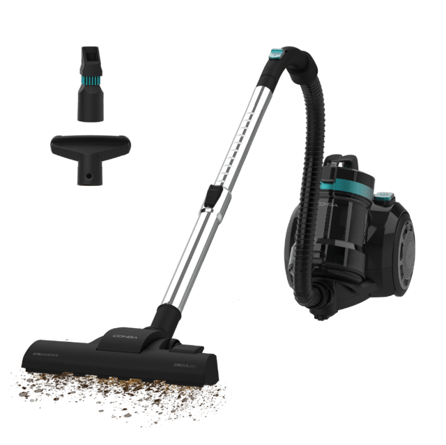 Conga Rocksta Cyclonic Plus Aspirador de trineo sin bolsa con una potencia de 800 W. Cuenta con un depósito de gran capacidad de hasta 2 litros, equipado con filtro HEPA para una mejor purificación del aire. Incluye un tubo telescópico metálico ajustable y accesorios diseñados especialmente para limpiar muebles y esquinas, facilitando la limpieza de las zonas más difíciles de alcanzar.
