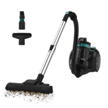 Conga Rocksta Cyclonic Plus Aspirador de trineo sin bolsa con una potencia de 800 W. Cuenta con un depósito de gran capacidad de hasta 2 litros, equipado con filtro HEPA para una mejor purificación del aire. Incluye un tubo telescópico metálico ajustable y accesorios diseñados especialmente para limpiar muebles y esquinas, facilitando la limpieza de las zonas más difíciles de alcanzar.