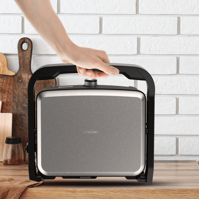 Gril électrique Rock'nGrill 1500 à ouverture totale (1500 W). Revêtement en pierre RockStone. Ouverture à 180°. Bac de récupération des graisses.